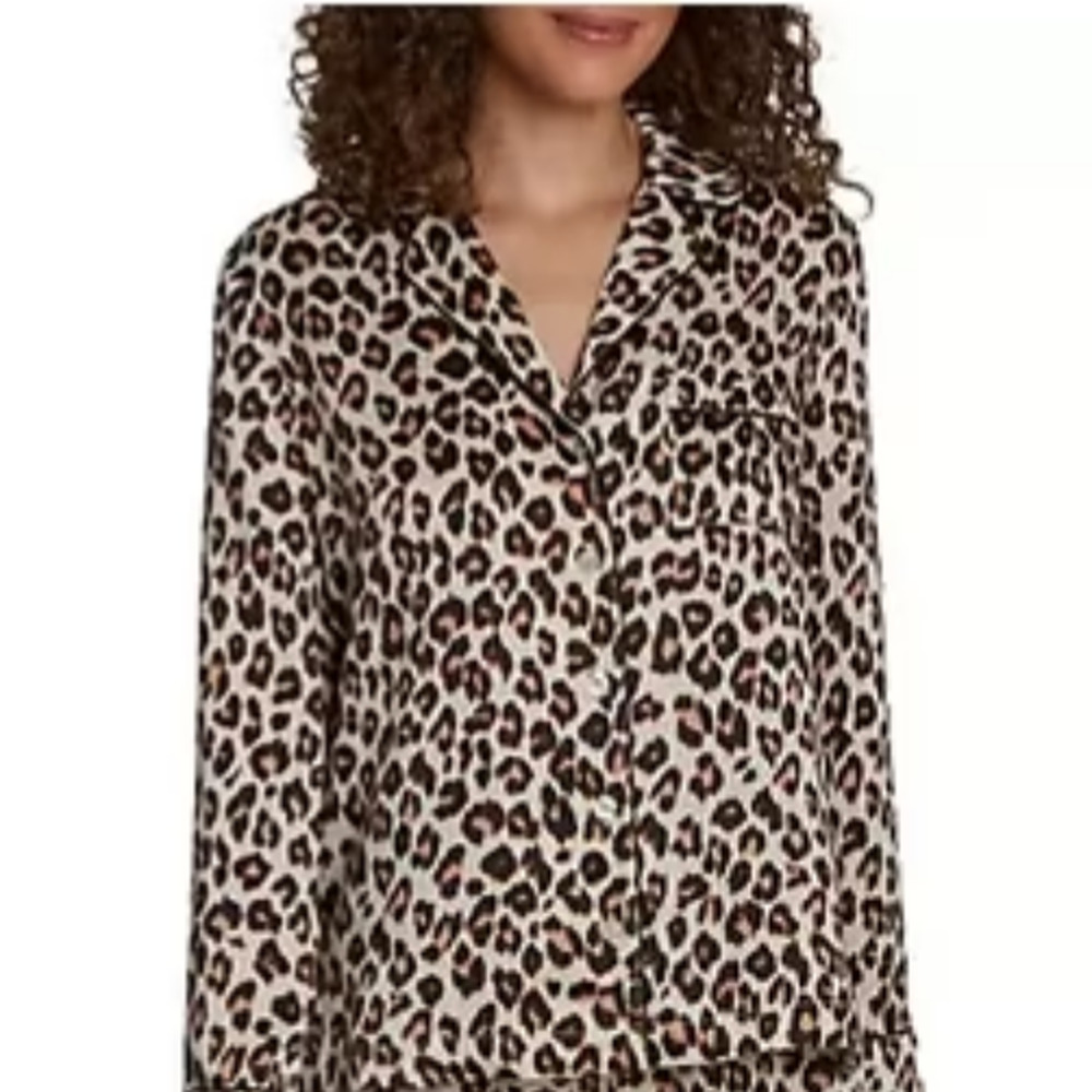 Ann Taylor LOFT Sleep Pajama Top Large Leopard Satin Long Sleeve Brown